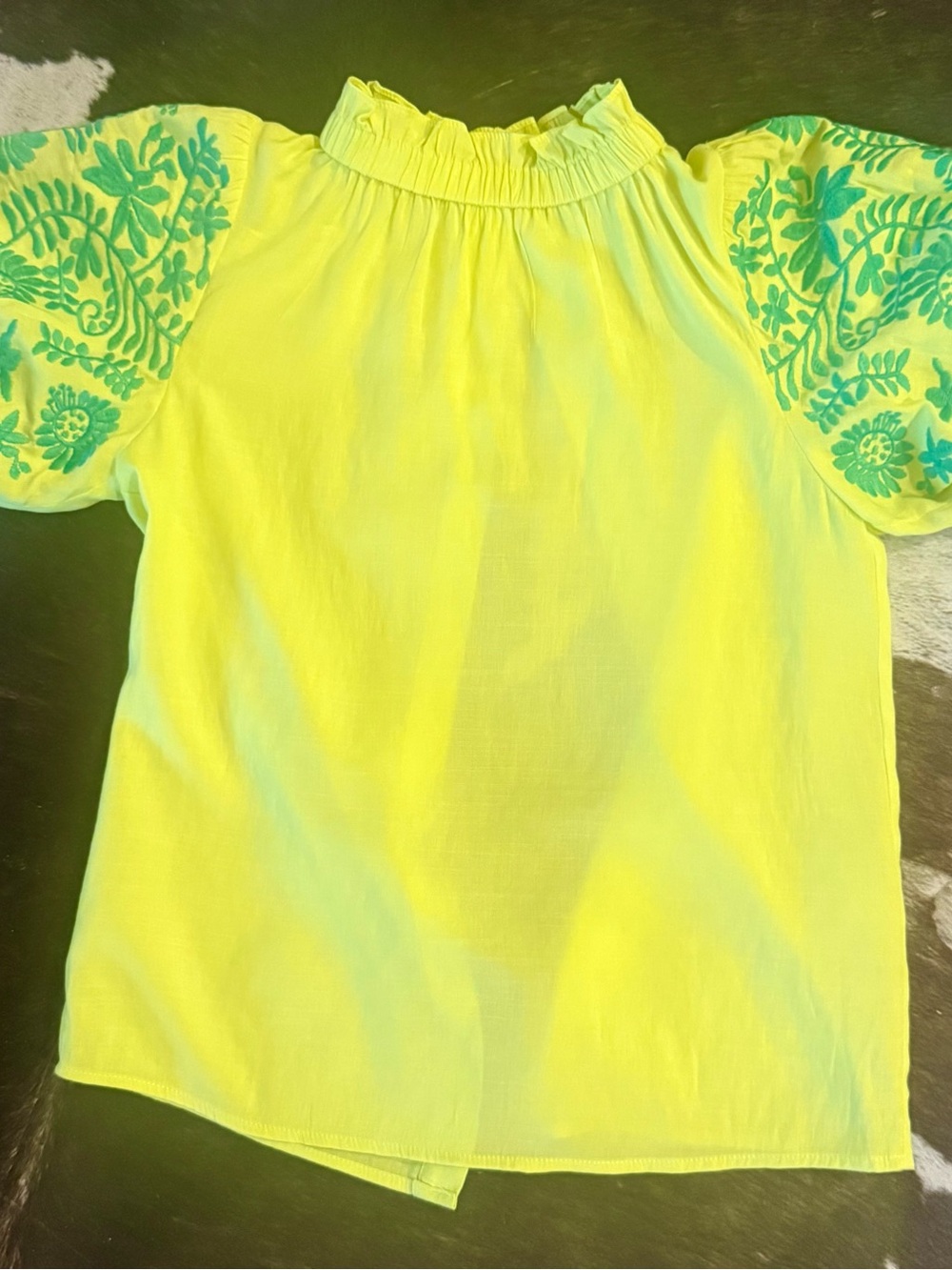 THML Bright Yellow Top with Green Embroidered Puff Sleeves